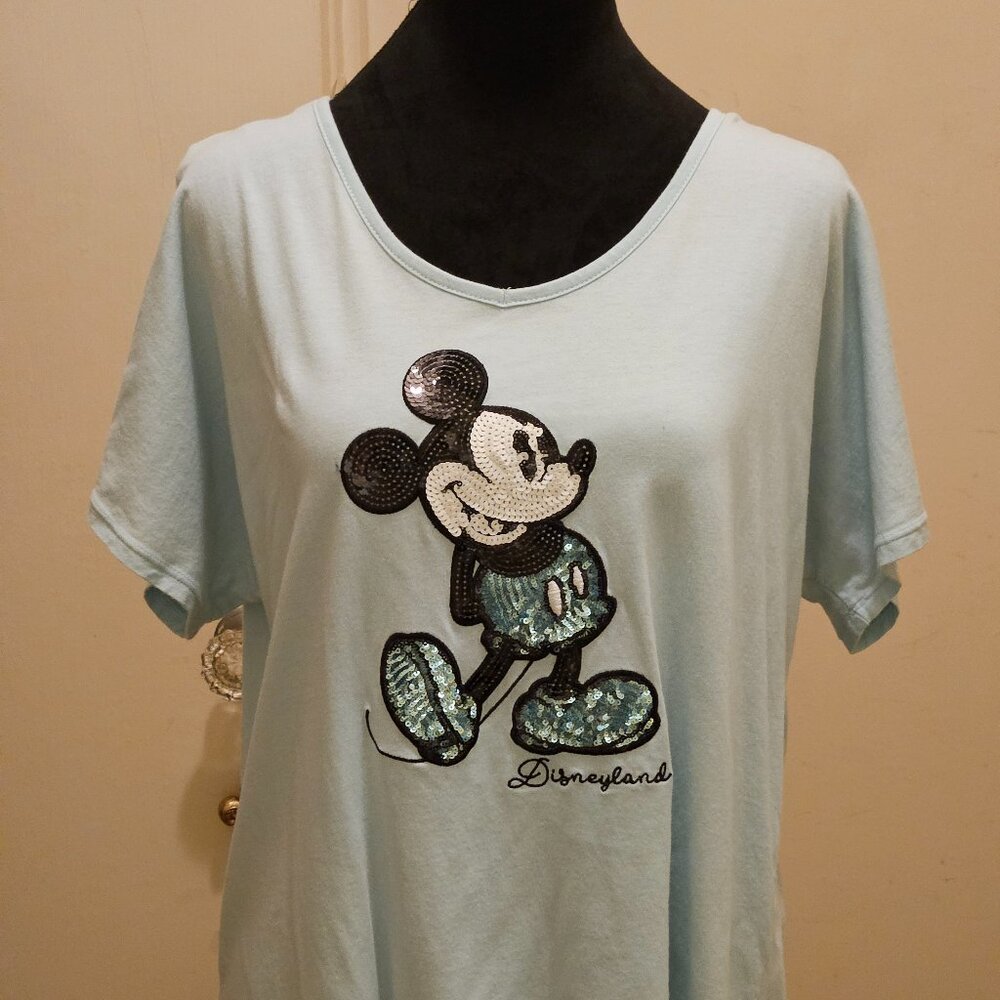 Baby Blue Sequined Mickey Mouse Short Sleeve Shirt M💙
